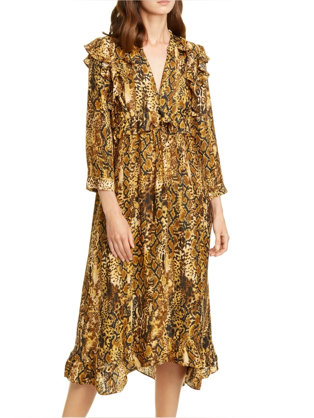 ba&sh Sahara Snake Print Ruffled V-Neck A-Line Midi Dress 2/Medium
